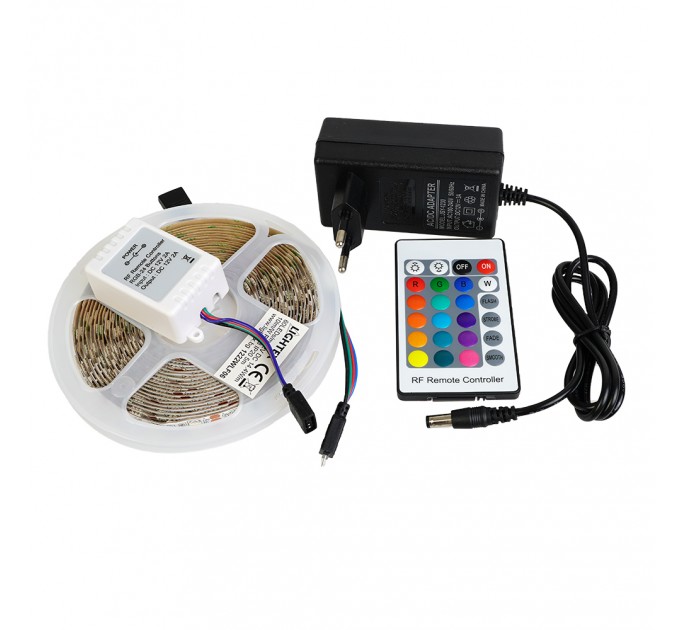 LIGHTEX КОМПЛЕКТ LED ЛЕНТА 5050 60БР/М 14.4W/M 10LM/W RGB IP20 220V 5М С АДАПТОР И РАДИОЧЕСТОТЕН КОНТРОЛЕР LIGHTEX