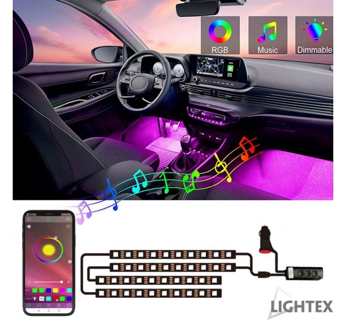 LIGHTEX КОМПЛЕКТ ЗА АВТОМОБИЛ 12V RGB LED 4X18SMD5050 9W С ДИСТАНЦИОННО УПРАВЛЕНИЕ,ЗВУКОВ И BLUETOOTH APP КОНТРОЛ LIGHTEX