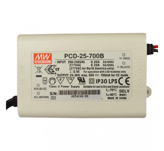 LIGHTEX LED ДРАЙВЪР ДИМЕРУЕМ 25W 24-36V 700MA IP30 MEAN WELL