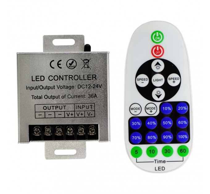 LIGHTEX ИНФРАЧЕРВЕН КОНТРОЛЕР С ДИСТАНЦИОННО УПРАВЛЕНИЕ ЗА ЕДНОЦВЕТНА ЛЕНТА DC 12-24V 360W-720W 30A LIGHTEX