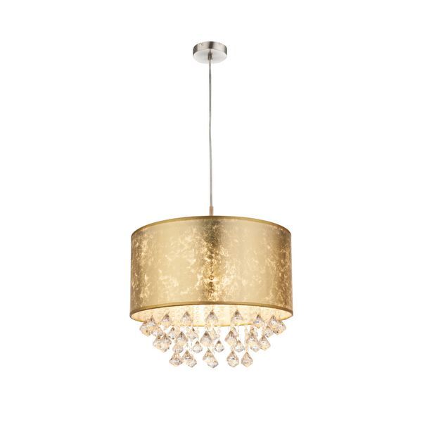 GLOBO 15187H3 AMY ПЕНДЕЛ NICKEL MATT, TEXTILE GOLDEN, PLASTIC CRYSTALS TRANSLUCENT, INCL. MOUNTING, SHADE´S HEIGHT 23CM, A:400, H:1400, EXCL. 1XE27 60W 230V