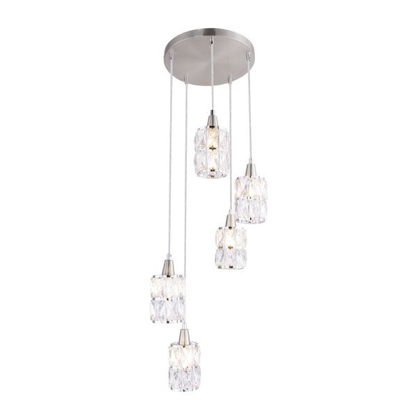 GLOBO 15760-5 WOLLI ПЕНДЕЛ, NICKEL MATT, GLASS CRYSTALS CLEAR, CHROME, A: 300, H: 1200, EXCL. 5XE14 40W 230V