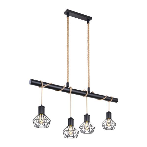 GLOBO 54017-4H PRISKA ПЕНДЕЛ, BLACK METAL, BLACK METAL, HEMP ROPE, LXWXH: 1000X150X1200, EXCLUDE 4XE27 60W 230V