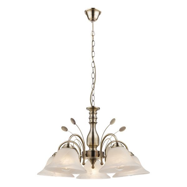 GLOBO 69007-5H POSADAS CHANDELIER ANTIQUE BRASS, GLASS ALABASTER OPTICS WHITE, A:570, H:1000, EXCL. 5XE27 60W 230V