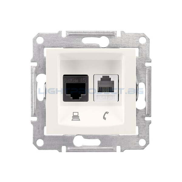 SCHNEIDER ELECTRIC SDN5100123 РОЗЕТКА ТЕЛЕФОННА И ИНФОРМАЦИОННА RJ11+RJ45 КАТ.5Е UTP SEDNA, 16А, КРЕМ