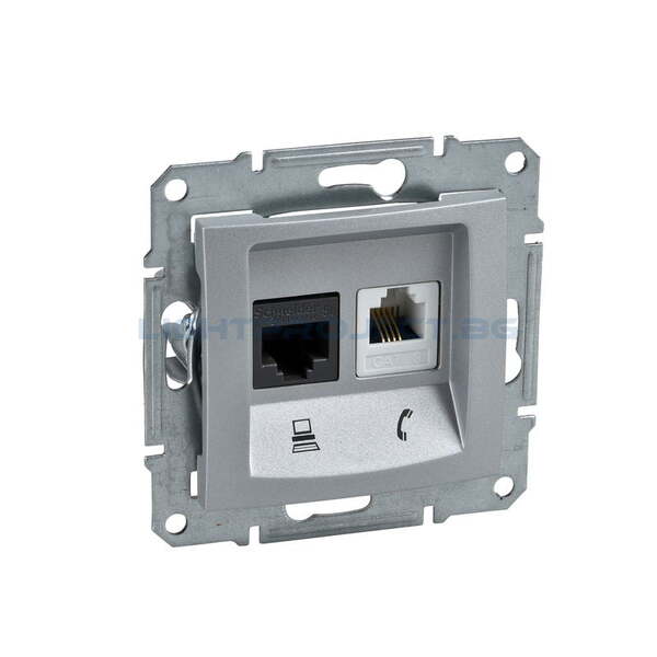 SCHNEIDER ELECTRIC SDN5100160 РОЗЕТКА ТЕЛЕФОННА И ИНФОРМАЦИОННА RJ11+RJ45 КАТ.5Е UTP SEDNA, 16А, АЛУМИНИЙ