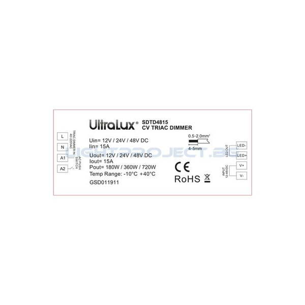 ULTRALUX КОНТРОЛЕР С TRIAC И PUSH УПРАВЛЕНИЕ 180-720W, 15A, 12-48V DC