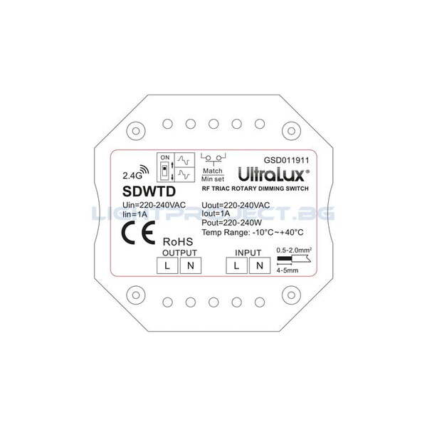 ULTRALUX RF TRIAC ДИМИРАЩ КЛЮЧ ЗА СТЕНА 350VA, 1.5A, 220-240V AC