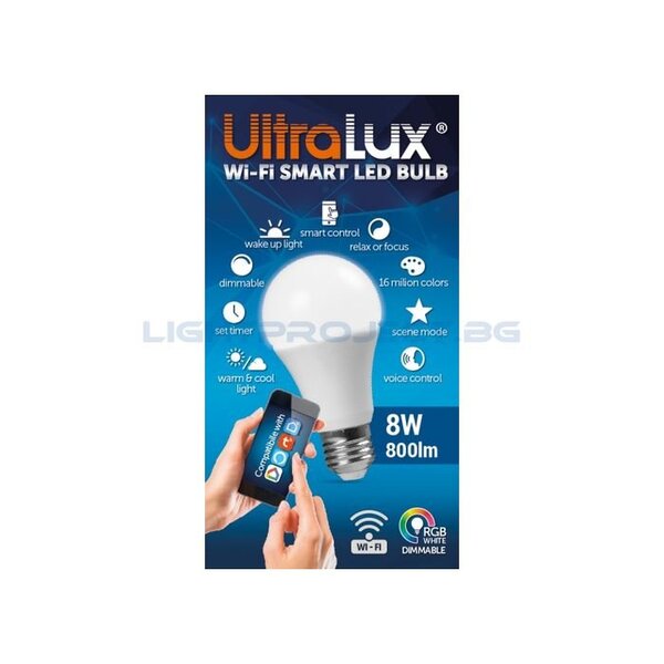ULTRALUX WIFI SMART LED КРУШКА, 8W, E27, RGB+4200K, 270°, 220-240V AC