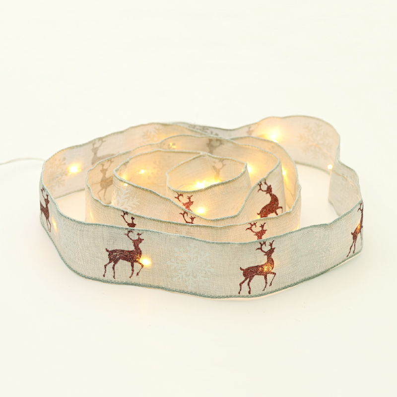 ACA LIGHTING CHRISTMAS X07201189 WHITE RIBBON WITH REINDEERS 20 LED COPPER WIRE WW SILVER CABLE BATT: 2XAA(NOT INCL) IP20 2m 30cm LEAD WIRE 1.2W