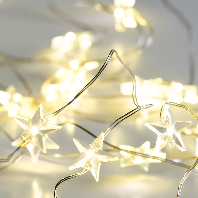 ACA LIGHTING CHRISTMAS X01201112 "STAR" MOTIF 20 LED STRING LIGHTS WARM WHITE SILVER COPPER WIRE & BATTER.2xAA IP20 2m+10cm 1.2W