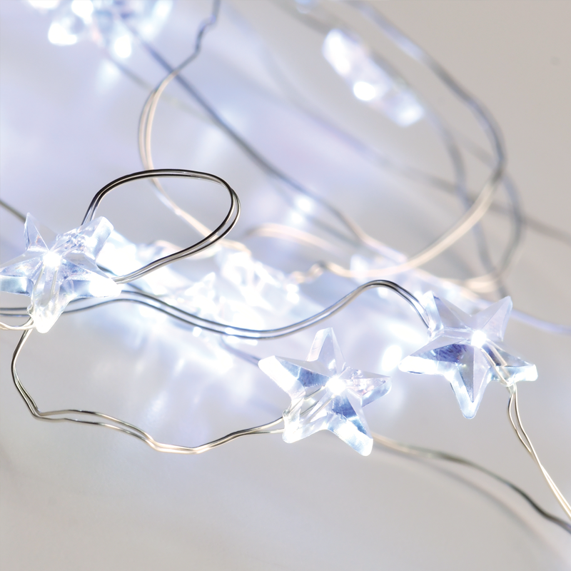 ACA LIGHTING CHRISTMAS X01202112 "STAR" MOTIF 20 LED STRING LIGHTS COOL WHITE SILVER COPPER WIRE & BATTER.2xAA IP20 2m+10cm 1.2W