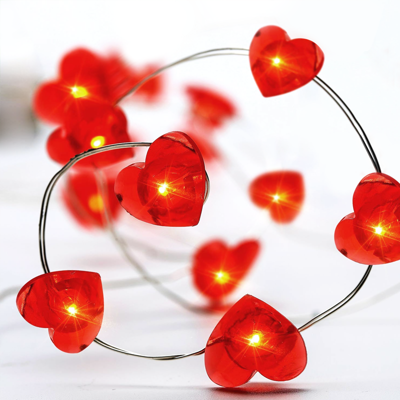 ACA LIGHTING CHRISTMAS X01204115 "RED HEART", 20 LED COPPER WIRE STRING LIGHTS, RED, SILVER COPPER WIRE.&BAT. 2xAA,IP20,2M+10CM,1.2W