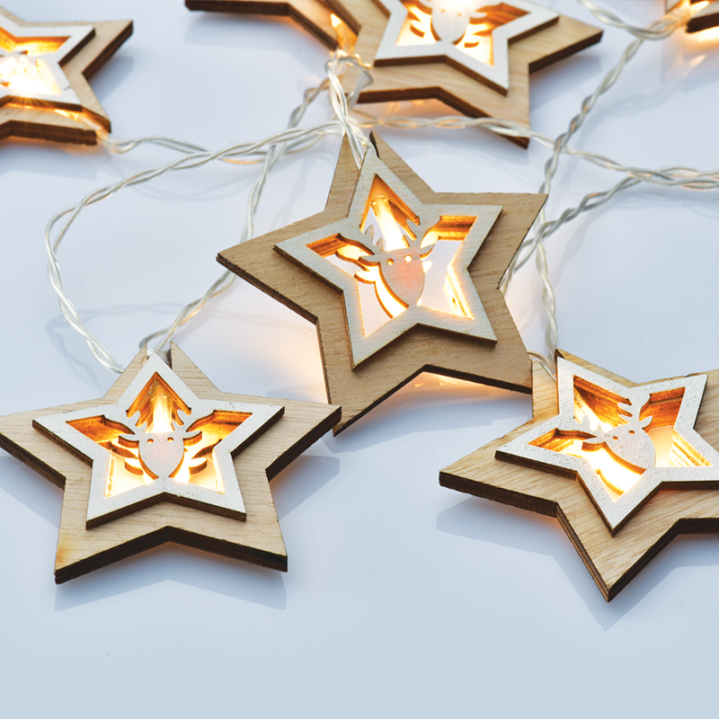 ACA LIGHTING CHRISTMAS X061011207 "WOODEN STAR REINDEER HEAD", 10 LED STRING LIGHTS BATTERIES (3xAA), WW,IP20, 135+30cm, TRAN/NT LEAD CABLE