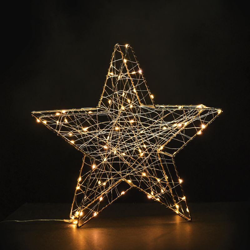 ACA LIGHTING CHRISTMAS X068014202 "3D Copper Wire Metal Motifs" , STAR, 80 ΜINI LED LIGHTS WITH COPPER WIRE & ADAPTOR (3V DC), WARM WHITE, IP44, 39x37.5x11cm, 3m TRANSPARENT LEAD CABLE