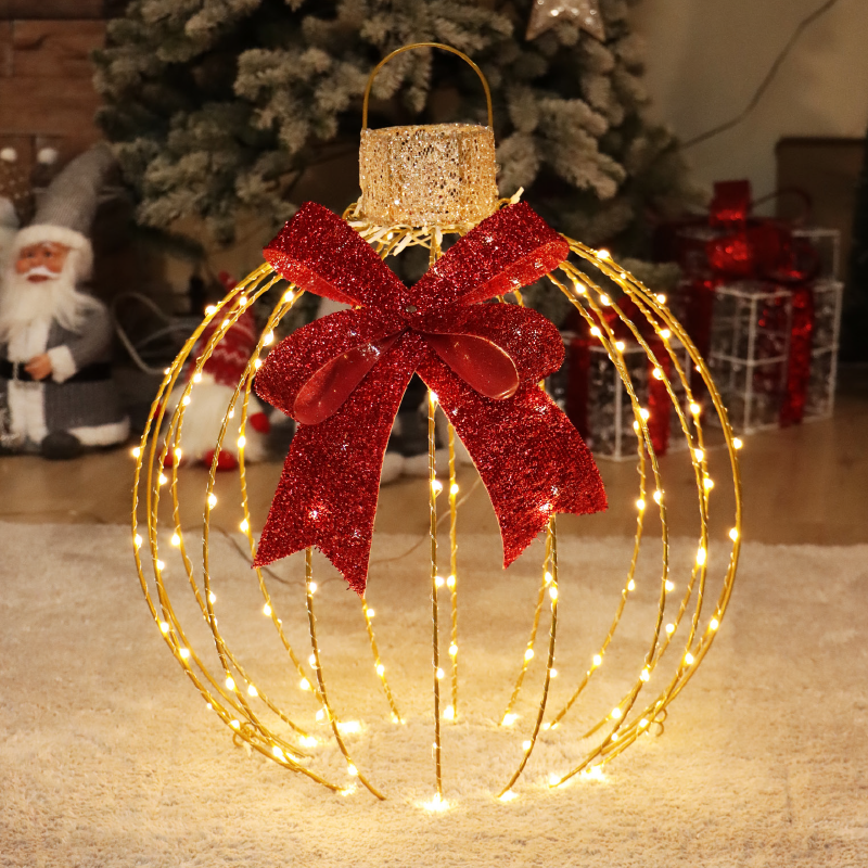 ACA LIGHTING CHRISTMAS X0712814102 GLITTER 3D GOLD BALL WITH BOW 128 LED WW FLASH GOLD COPPER WIRE ADAPTOR 4,3VDC DIAM 60cm GROUND STICKS*4 IP44 m TRANS LEAD CABLE