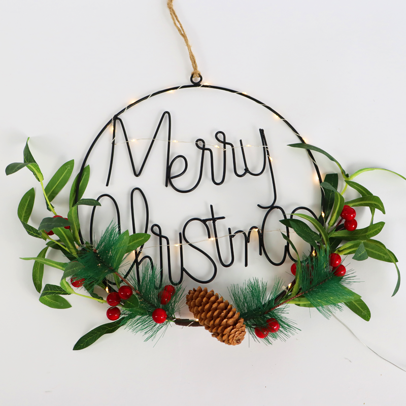 ACA LIGHTING CHRISTMAS X07301664 "XMAS HANGING RING DECO", 30 LED, METAL+ARTIFICIAL PLANT, BATTERIES (2xCR2032), WW,IP20, 30cm