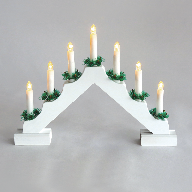 ACA LIGHTING CHRISTMAS X0771122 "7 WHITE WOODEN CANDLE BRIDGE", 7 LED LIGHTS BAT. (2XAA), WW,IP20, 39X4.5X30CM