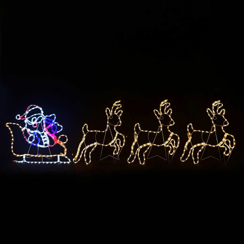 ACA LIGHTING CHRISTMAS X085043218 REINDEER WITH SLEIGH 504 LED MOTIF 21m 2-WIRE ROPE LIGHT, MULTICOLOR FLASH IP65 63*57cm & 63*75cm, 1.5m LEAD WIRE