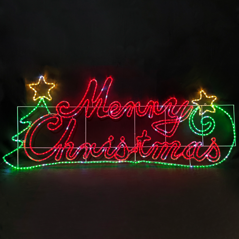 ACA LIGHTING CHRISTMAS X085763222 MERRY CHRISTMAS WITH TREE 576 LED MOTIF 24m 2-WIRE ROPE LIGHT MULTICOLOR FLASH IP65 205*81cm 1.5m LEAD CABLE