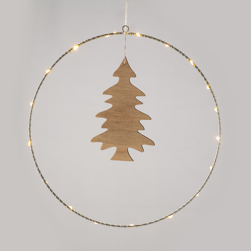 ACA LIGHTING CHRISTMAS X09201106 "HANGING CIRCLE WOODEN TREE" 20 MINI LED WW SILVER COPPER LIGHTS WITH BATTERIES (3AA) IP20 Φ30CM (9.5Χ16CM), 30CM LEAD WIRE TR/NT CABLE