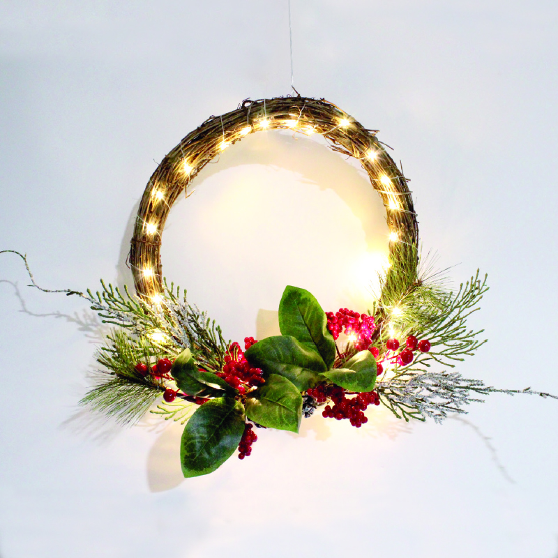 ACA LIGHTING CHRISTMAS X09301112 WREATH BERRIES DECORATIVE HANGING 30 LED WW BATT 3ΧΑΑ (NOT INCL) IP20 DIAM:30cm 30cm LEAD CABLE