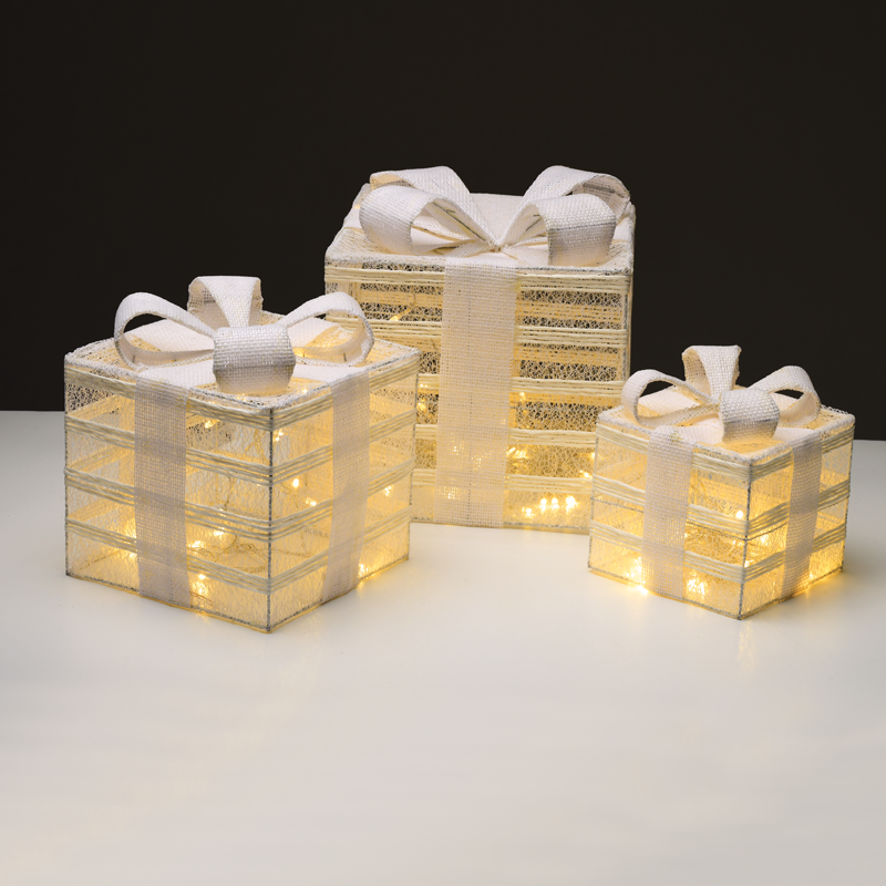ACA LIGHTING CHRISTMAS X11751115 SET "WHITE GIFT BOX, BURLAP BOW" 75(15+25+35) WW LED BAT 3*3ΑΑ IP20 17,23,28.5CM