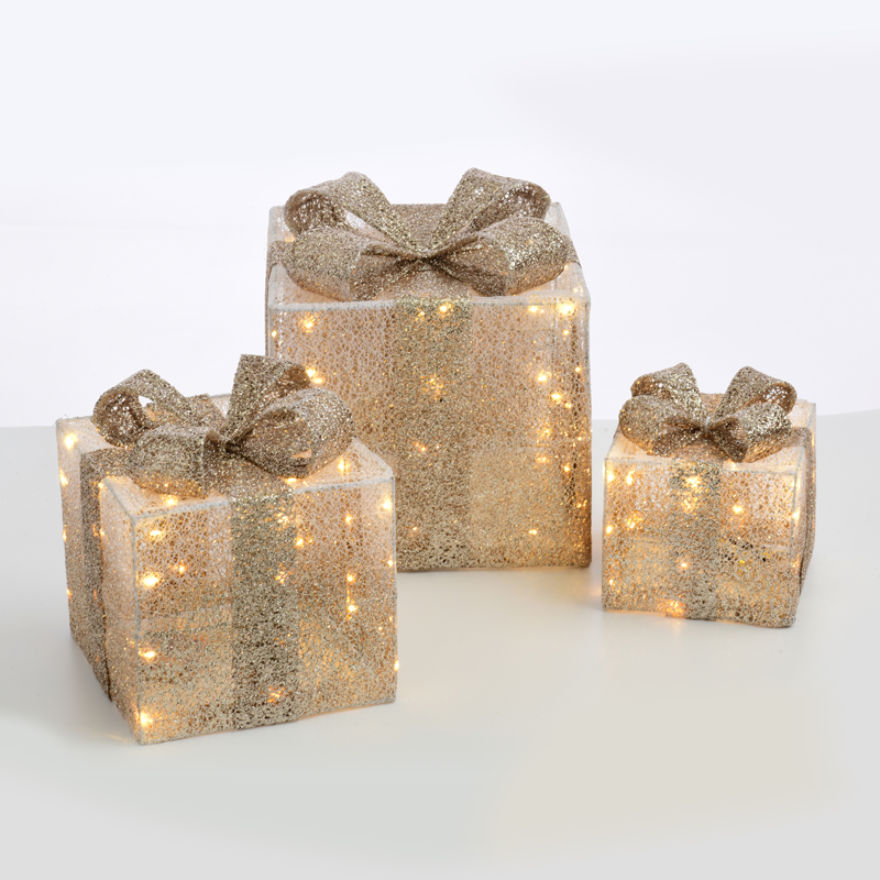 ACA LIGHTING CHRISTMAS X11901114 SET "WHITE&CHAMPAGNE GOLD GIFT BOX, GOLD GLITTER BOW" 90(20+30+40) WW MINI LED BAT 3*3ΑΑ IP20 17,23,28.5CM