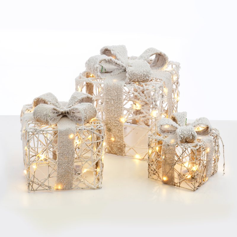 ACA LIGHTING CHRISTMAS X1190113 SET "RATTAN GIFT BOX, NATURAL BURLAP BOW" 90(20+30+40) WW MINI LED LIGHTS BATTER. 3*3ΑΑ IP20 18,24,30CM
