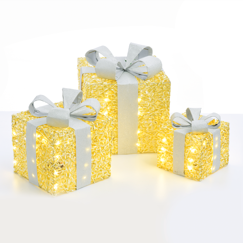 ACA LIGHTING CHRISTMAS X1190115 SET "GOLD SILK GIFT BOX, SILVER BOW" 90(20+30+40) WW MINI LED LIGHTS BATTER. 3*3ΑΑ IP20 18,24,30CM