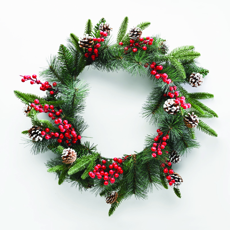ACA LIGHTING CHRISTMAS X165012 CHRISTMAS WREATH PVC BERRIES & PINE CONES 50CM DIAM.