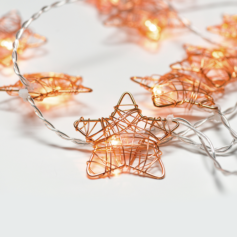 ACA LIGHTING CHRISTMAS X061011231 "METAL STARS", 10 LED STRING LIGHTS WITH BATTERIES (3xAA), WARM WHITE, COPPER METAL, IP20, 135+30cm TRANSPARENT LEAD CABLE