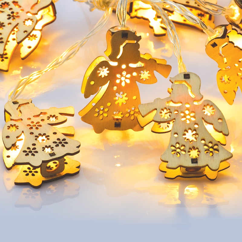 ACA LIGHTING CHRISTMAS XWANGEL102A PHASHING OUT"WOODEN CHRISTMAS MOTIFS", ΑΝGEL, 10 LED STRING LIGHTS WITH BATTERIES (3xAA), WARM WHITE, IP20, 135+30cm TRANSPARENT LEAD CABLE